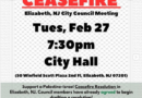 Cease Fire Resolution, Elizabeth NJ Council, Feb 27, 7:30 pm